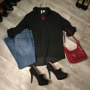 Sheer black high-low button up blouse